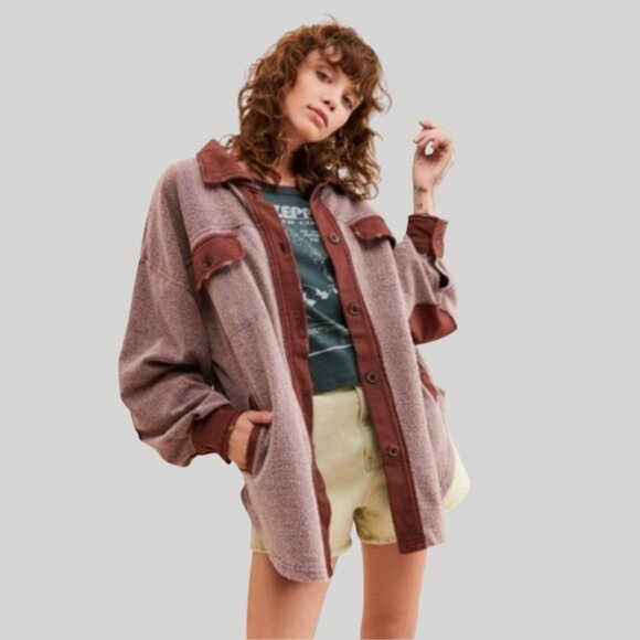 FREE PEOPLE Ruby Shacket M Oversized Shirt Jacket Distressed Date Night Buttons - Picture 1 of 12